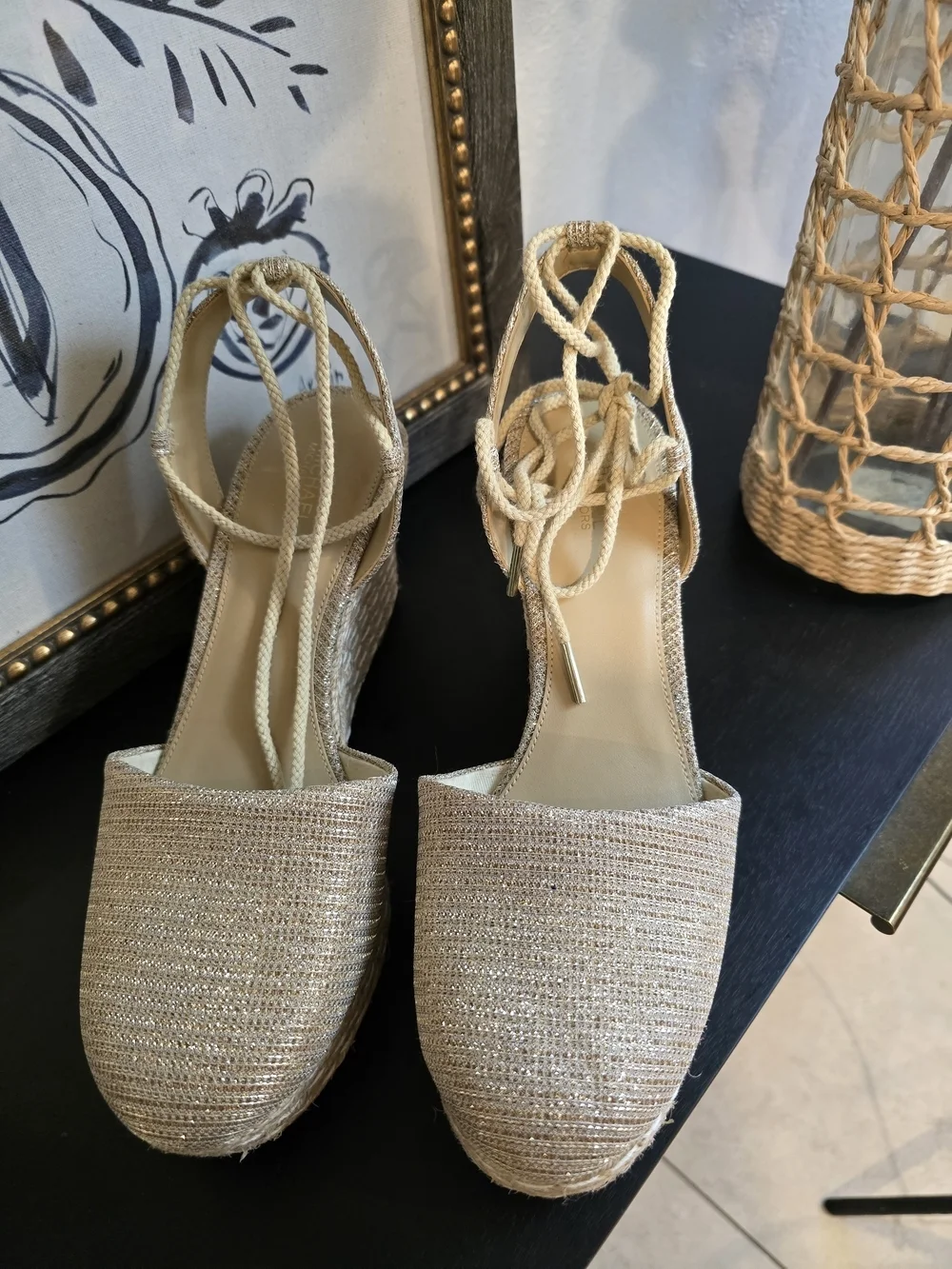 Michael Kors Metallic Gold Lace Up Ankle Ties Wedges Espadrilles Sandals 9